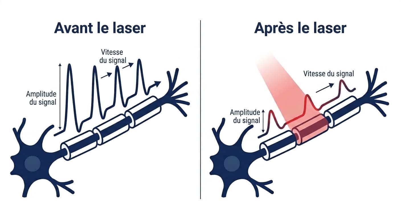 Schéma comparant l'amplitude et la vitesse du signal électrique parcourant une fibre nerveuse avant et après l'application du laser