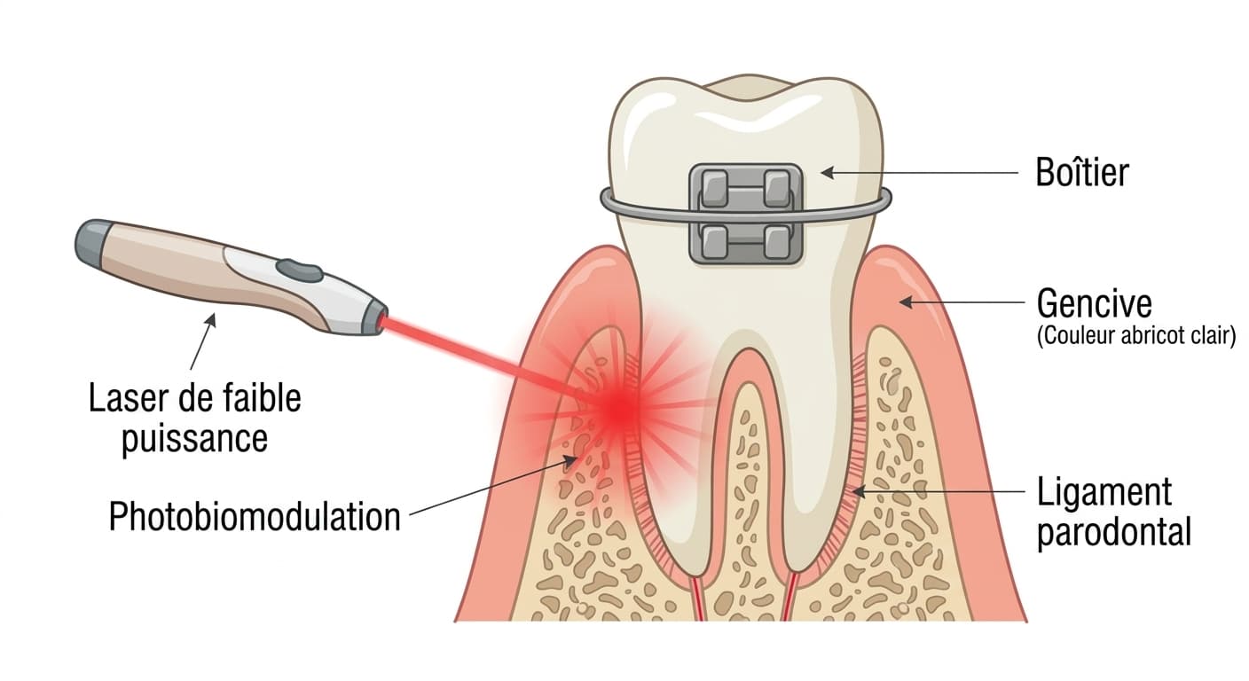 Coupe transversale montrant un appareil laser de faible puissance projetant une lumière rouge sur la gencive (ligament parodontal) à côté d'une dent porteuse d'un boîtier orthodontique. Une flèche indique l'endroit où se produit la photobiomodulation.