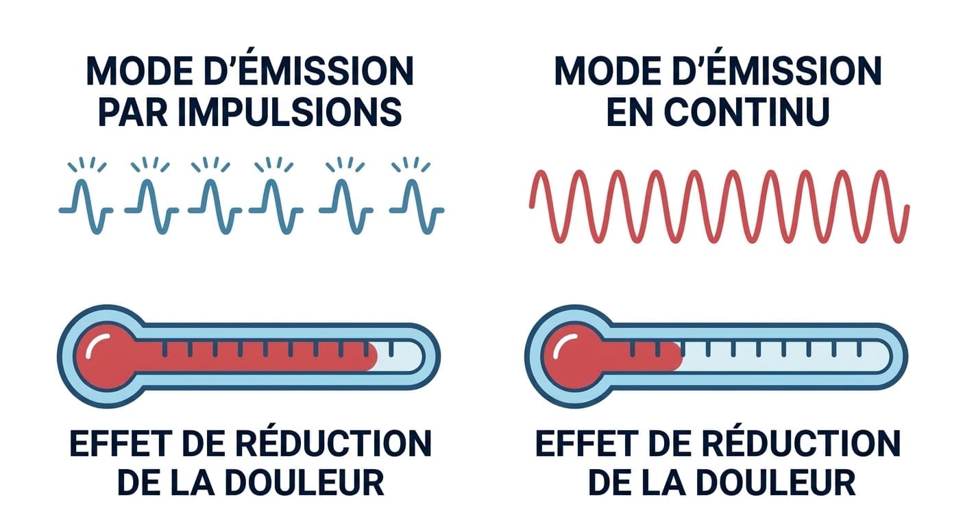 Comparaison sous forme d'ondes entre un laser pulsé (émission intermittente) et un laser à onde continue (émission ininterrompue), avec l'effet de réduction de la douleur de chacun représenté par une jauge en forme de thermomètre.