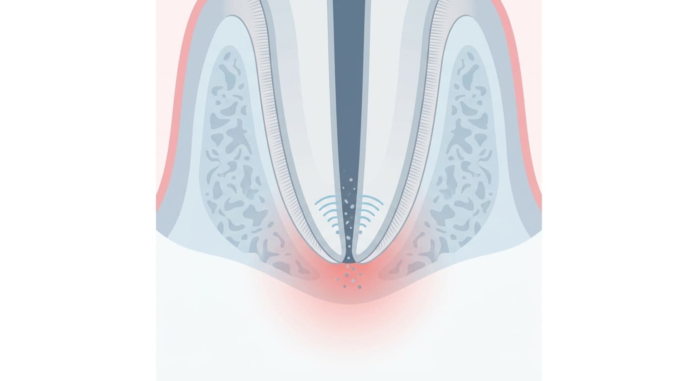 Coupe transversale de l'apex d'une racine dentaire montrant de fines particules poussées par les ondes de choc générées par le laser vers les tissus environnants au-delà de l'apex, la zone concernée étant marquée en rouge