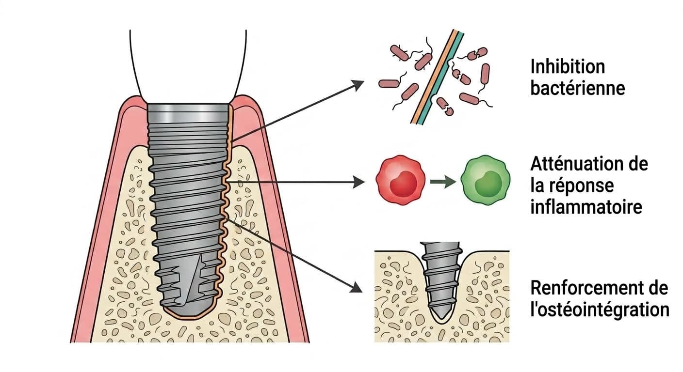 Coupe transversale montrant comment le revêtement PA à la surface de l'implant produit trois effets : inhibition bactérienne, atténuation de la réponse inflammatoire et renforcement de l'ostéointégration.