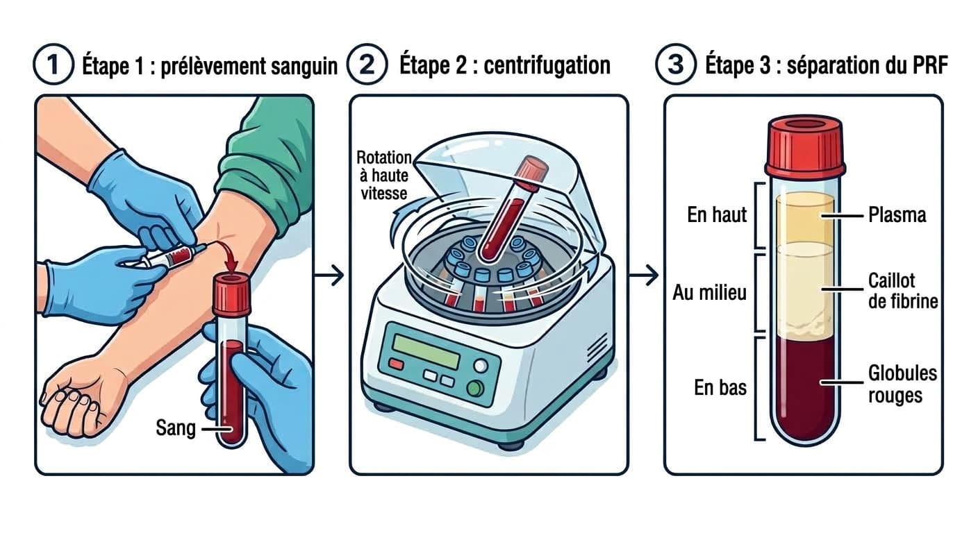 Les trois étapes de fabrication du PRF au cabinet dentaire, du prélèvement sanguin à la centrifugation