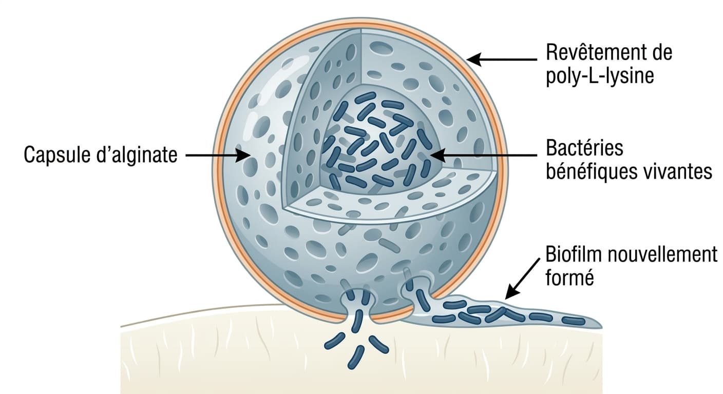 Coupe transversale d'une capsule d'alginate. Des bactéries bénéfiques vivantes se trouvent à l'intérieur d'une capsule recouverte de poly-L-lysine, et les bactéries qui en sortent forment un nouveau biofilm à la surface.