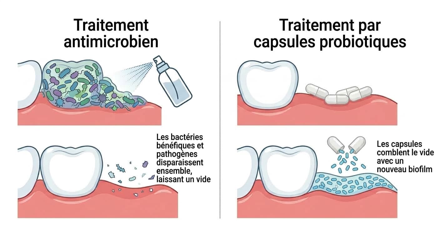 Illustration comparant côte à côte le traitement antimicrobien et le traitement par capsules probiotiques. L'antimicrobien élimine les bactéries et laisse un vide, tandis que les capsules comblent ce vide avec un nouveau biofilm.
