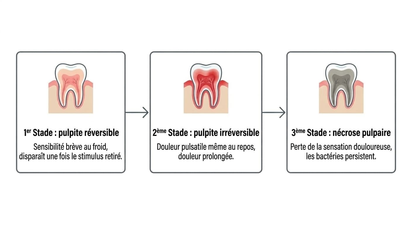 Schéma des stades de progression de la pulpite. Stade 1 : pulpite réversible (sensibilité brève au froid, disparaît une fois le stimulus retiré) ; stade 2 : pulpite irréversible (douleur pulsatile même au repos, douleur prolongée) ; stade 3 : nécrose pulpaire (perte de la sensation douloureuse, les bactéries persistent).