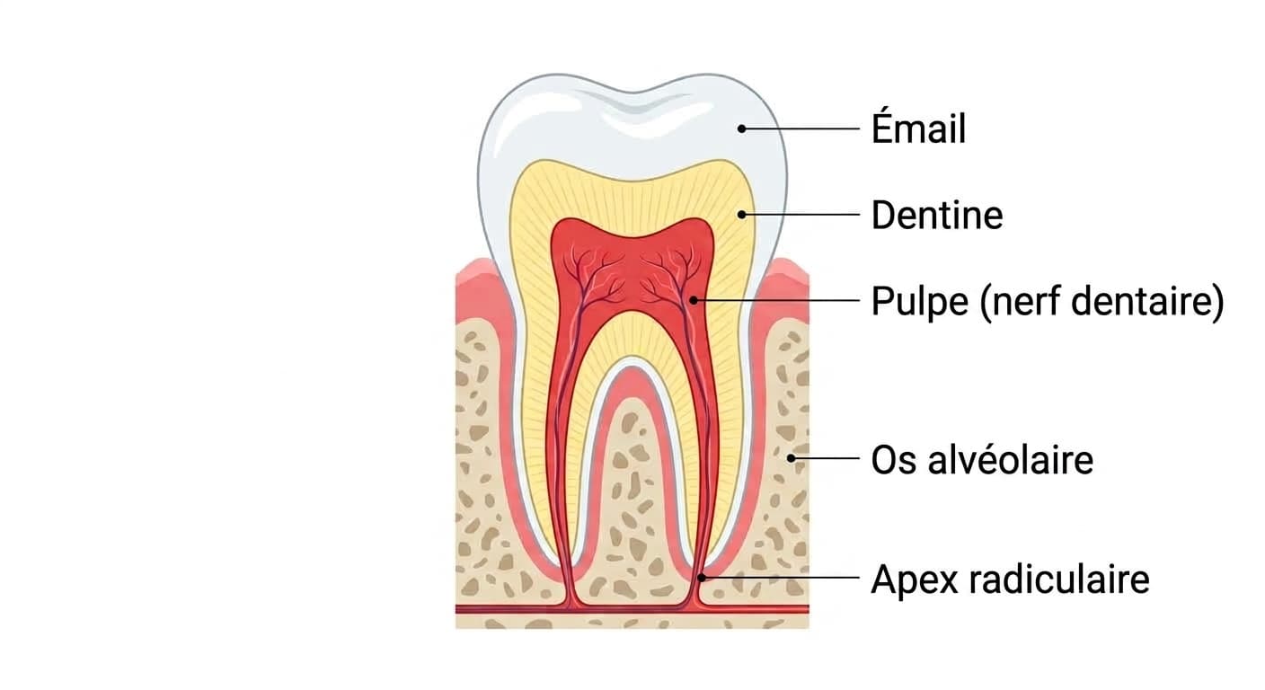 Coupe transversale d'une dent. De l'extérieur vers l'intérieur, la structure est indiquée dans l'ordre suivant : émail, dentine, pulpe (nerf dentaire), apex radiculaire, os alvéolaire.
