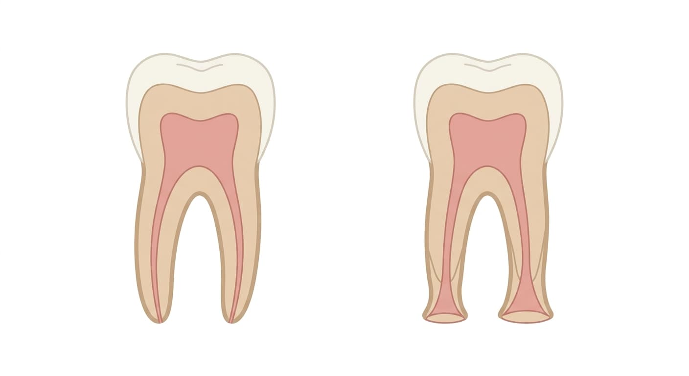 Illustration comparant côte à côte la coupe d'une dent à l'extrémité radiculaire étroite et refermée et celle d'une dent à l'extrémité radiculaire largement ouverte à paroi fine