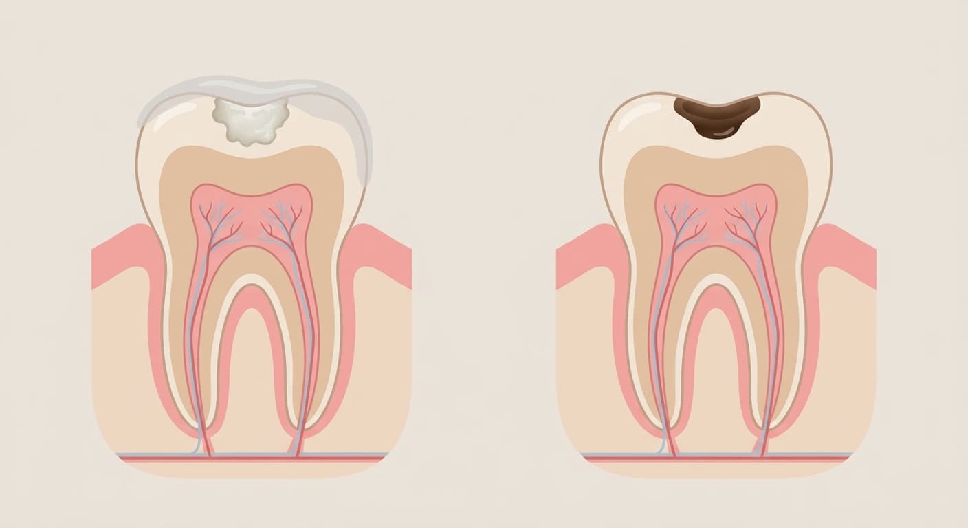 Illustration en coupe comparant une lésion active à la surface trouble et rugueuse et une lésion arrêtée lisse et fortement décolorée