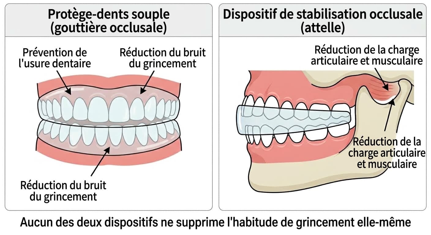 Illustration comparant côte à côte le protège-dents souple et le dispositif de stabilisation occlusale, montrant leurs objectifs différents : prévention de l'usure dentaire et réduction du bruit pour l'un, réduction de la charge articulaire et musculaire pour l'autre