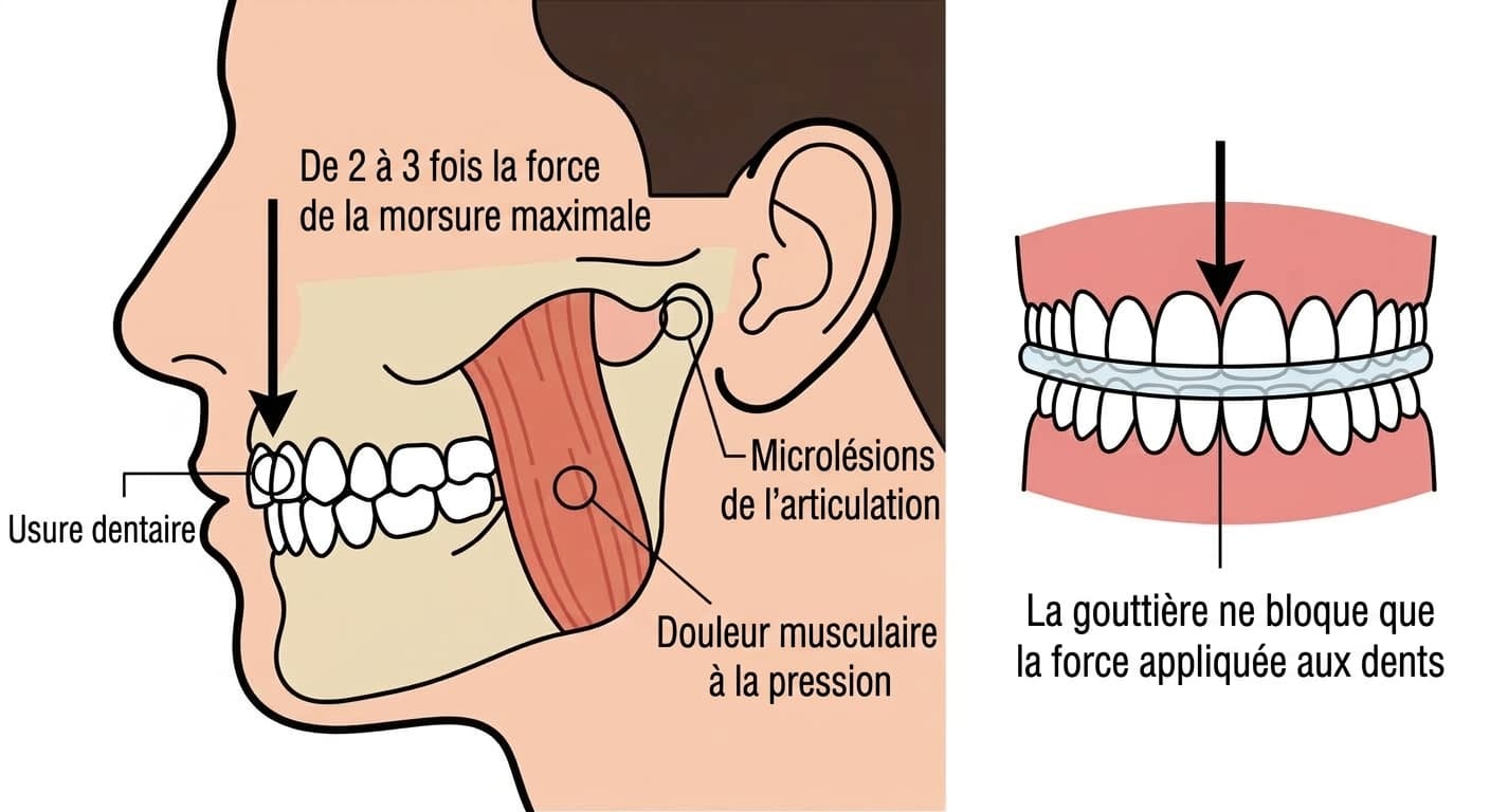 Schéma conceptuel montrant comment une force de grincement pouvant atteindre 2 à 3 fois celle de la morsure la plus forte peut entraîner une usure dentaire, une douleur musculaire à la pression et des microlésions de l'articulation temporo-mandibulaire, et illustrant que la gouttière ne bloque que la force appliquée aux dents