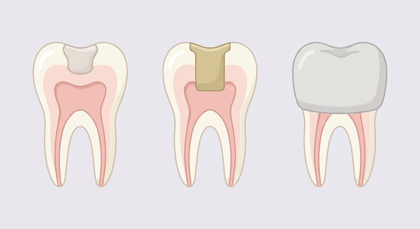 Coupe de dent comparant une petite lésion comblée au composite, une lésion moyenne restaurée par un inlay collé, et une dent aux cuspides atteintes entièrement recouverte par une couronne
