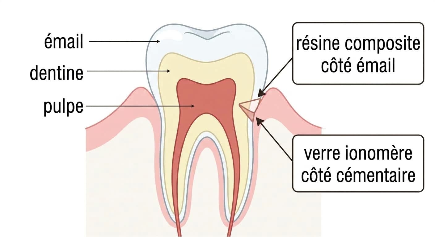Illustration montrant une lésion cervicale en forme de coin divisée entre le côté émail et le côté radiculaire, avec des flèches indiquant si la résine composite ou le verre ionomère est envisagé selon la position