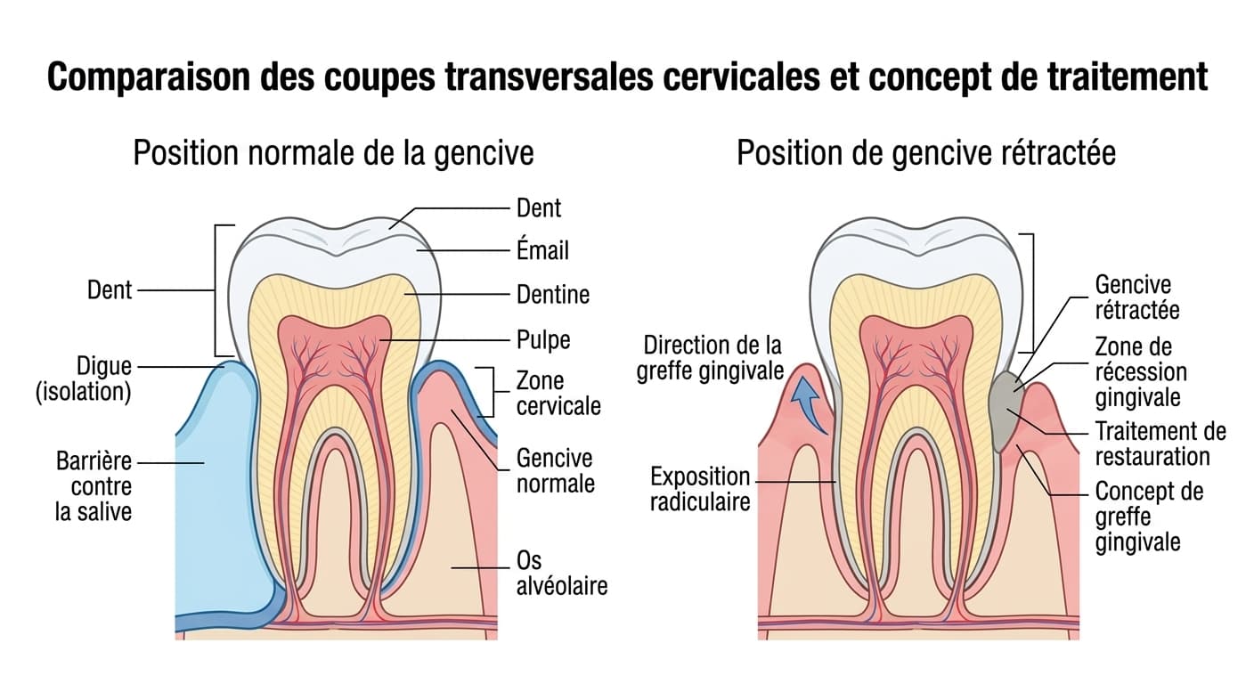 Illustration comparant côte à côte une gencive en position normale et une gencive rétractée exposant la racine, montrant le concept d'associer une greffe gingivale et une restauration dans ce second cas