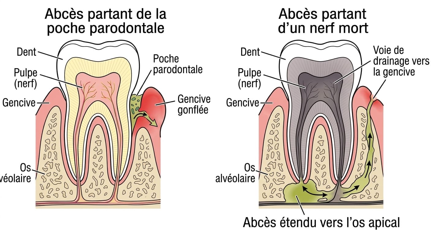Schéma en coupe comparant un abcès partant de la poche parodontale et un abcès partant d'un nerf mort