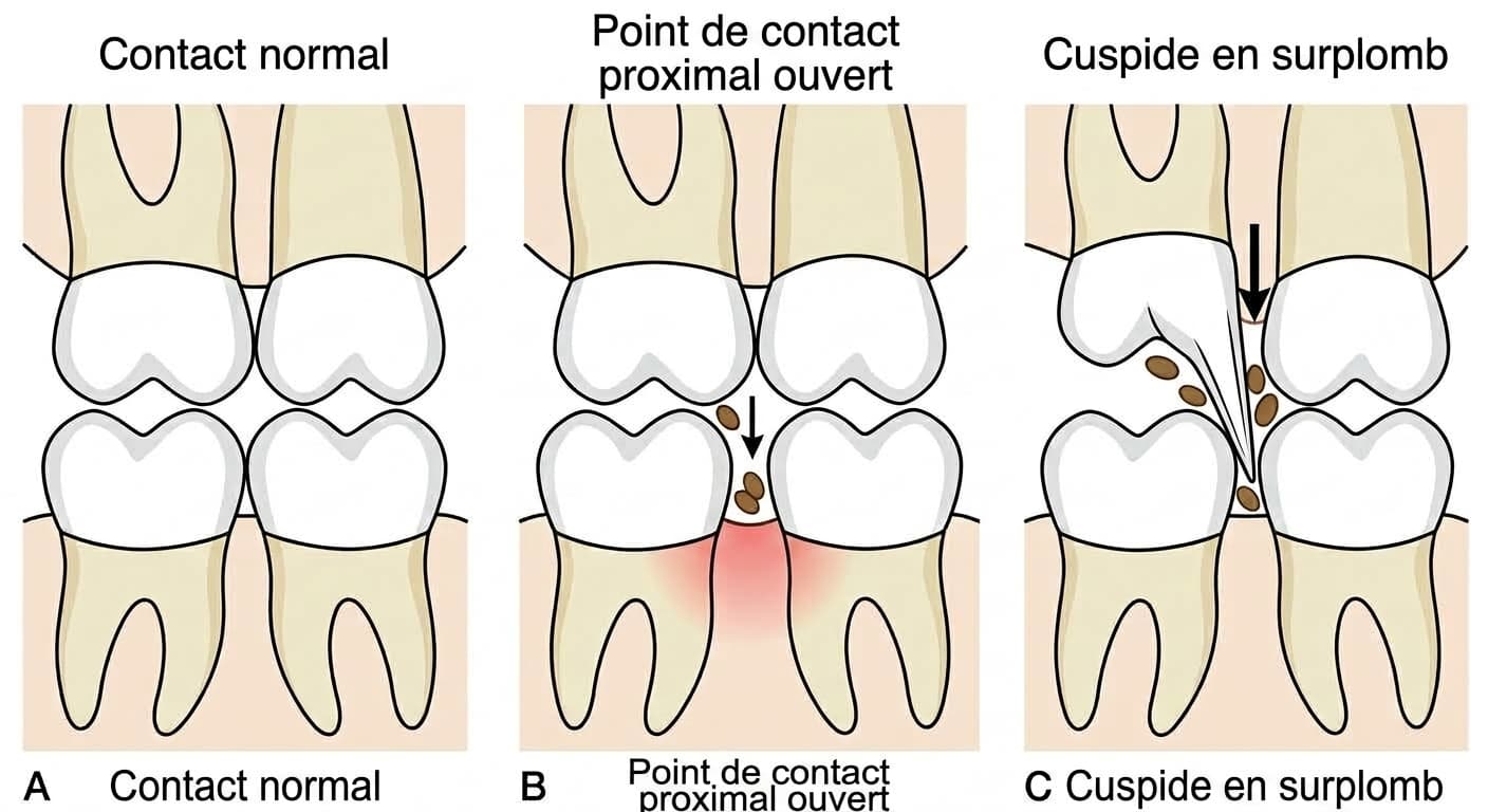 Deux causes du bourrage alimentaire entre les dents. A montre un contact normal, B montre un point de contact interproximal ouvert où les aliments se coincent dans l'espace et provoquent une inflammation gingivale, C montre une cuspide en surplomb qui s'enfonce depuis la dent antagoniste et pousse les aliments.