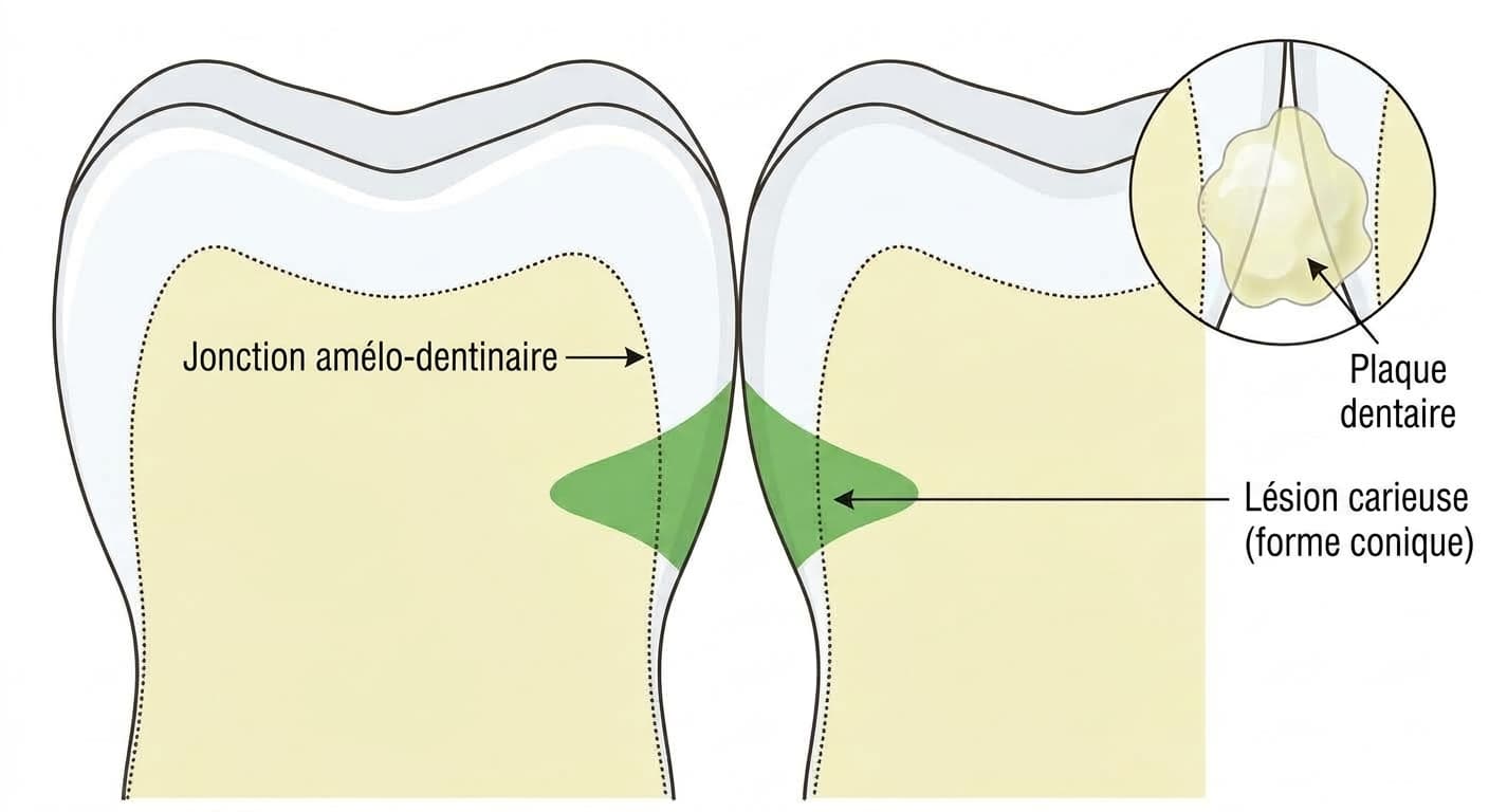 Forme de progression de la carie proximale. Elle débute là où la plaque s'est accumulée sous le point de contact, puis progresse en une forme conique, large à la surface de l'émail et se rétrécissant vers la jonction amélo-dentinaire.