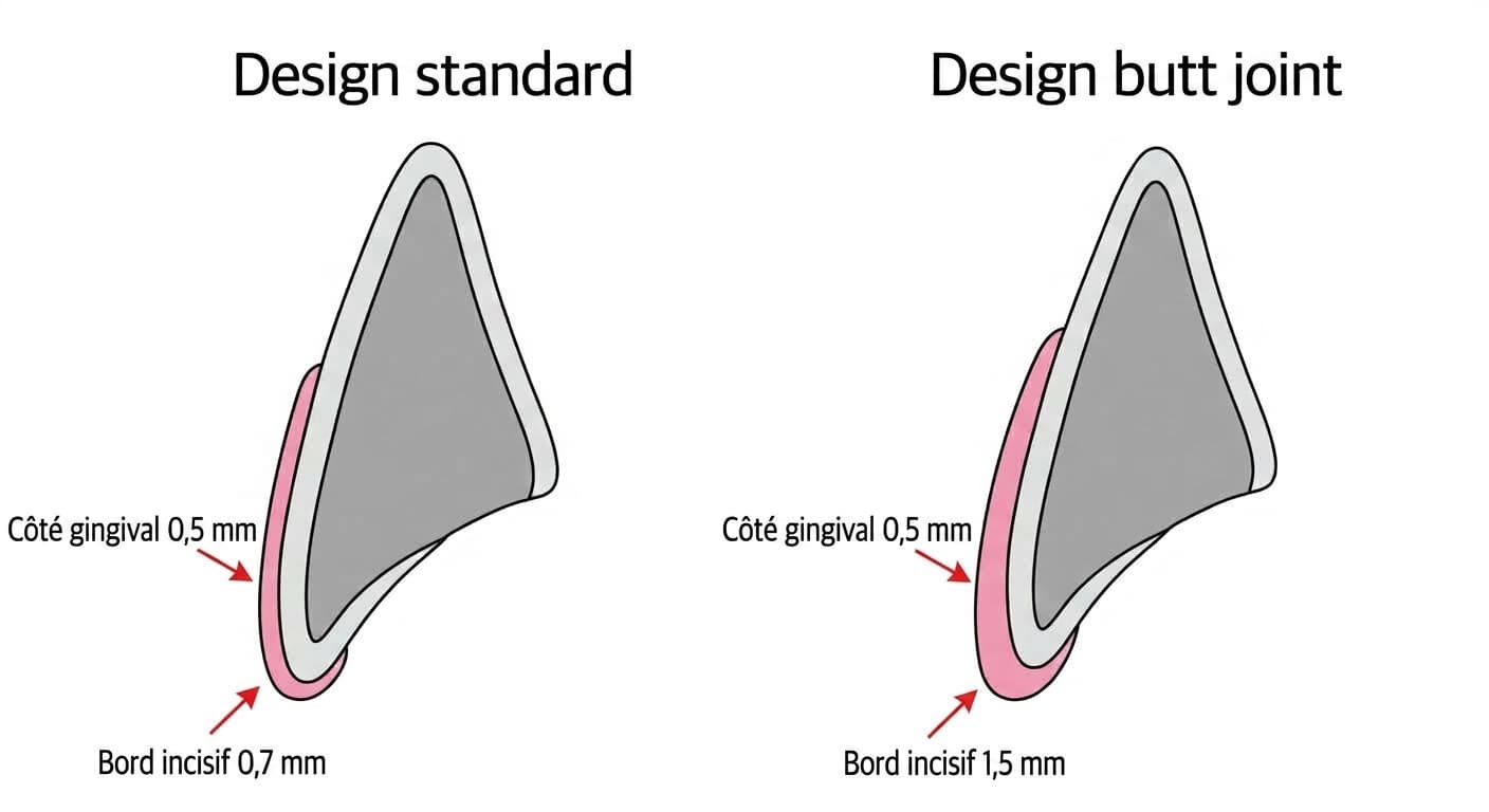 Comparaison de l'épaisseur retirée selon le dessin du bord incisif de la facette. Le dessin standard retire 0,5 mm côté gingival et 0,7 mm au bord incisif, tandis que le dessin butt joint retire 0,5 mm côté gingival et 1,5 mm au bord incisif.