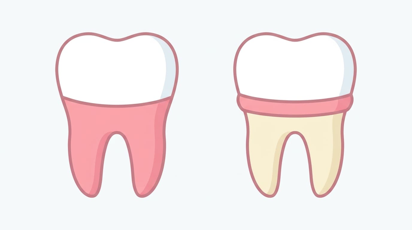 Illustration comparant une dent recouverte d'une gencive saine et une dent dont la racine est exposée par une récession gingivale