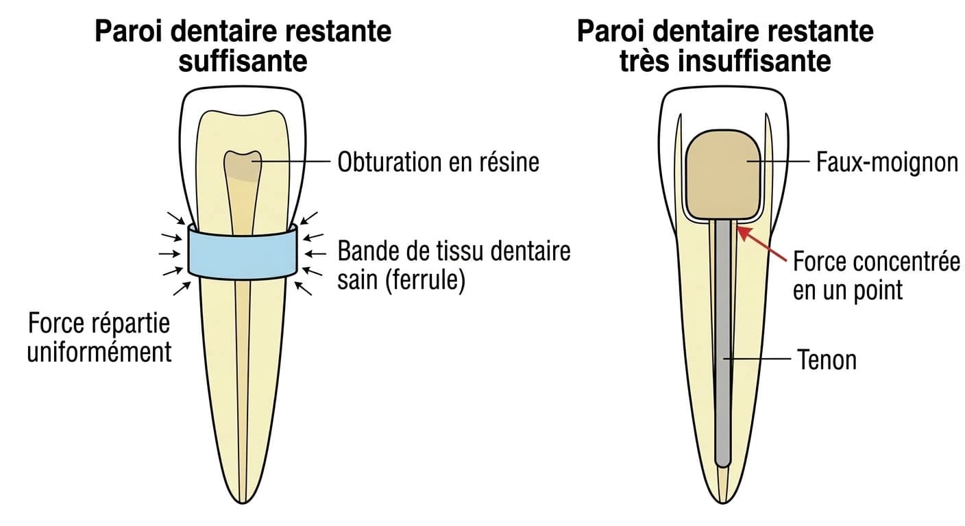 Coupe comparant la répartition des forces selon que la paroi dentaire restante d'une incisive traitée par traitement de canal est suffisante ou très insuffisante