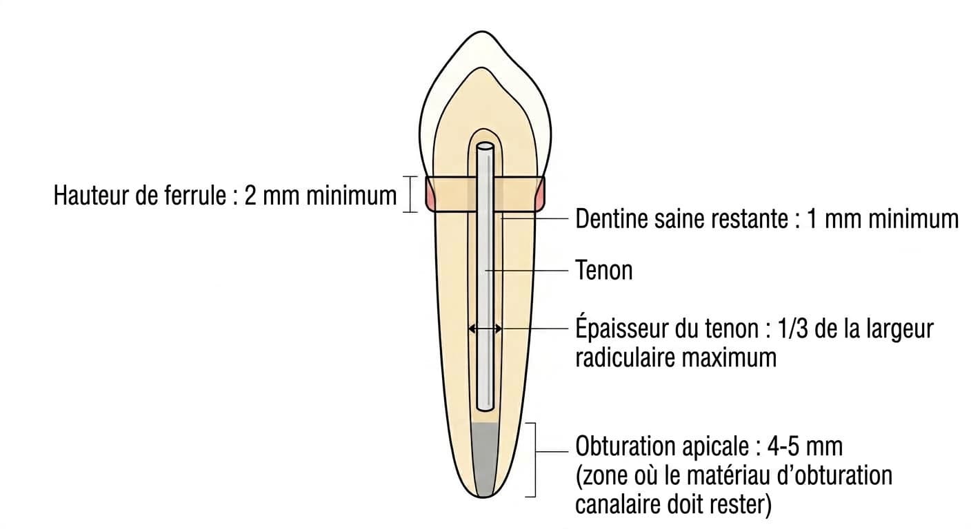 Coupe indiquant les dimensions minimales à respecter lors de la pose d'un tenon dans une incisive traitée par traitement de canal