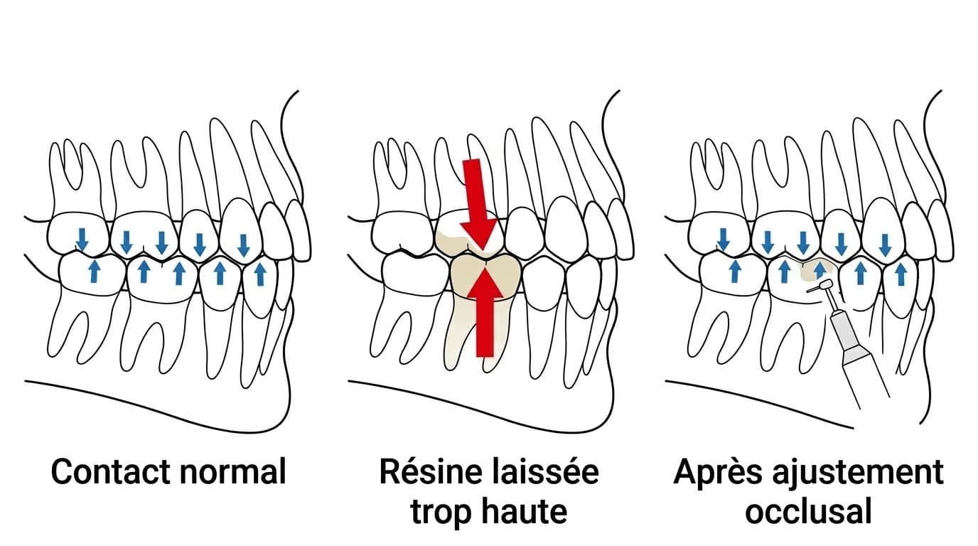Illustration comparant un contact normal, un cas où la résine laissée trop haute concentre la force, et la répartition uniforme de la force après ajustement occlusal