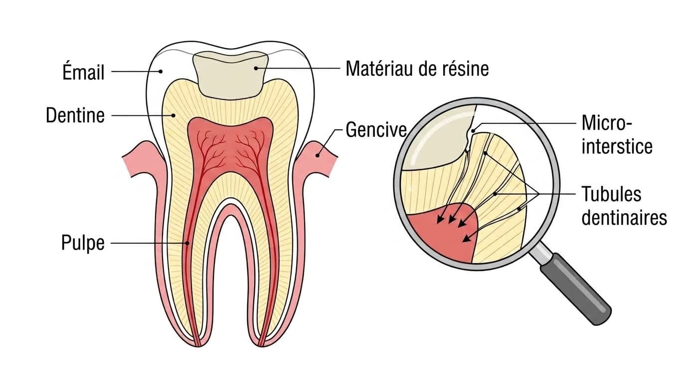 Illustration montrant comment une stimulation traverse un micro-interstice entre le matériau de résine et la dent, se propage le long des tubules dentinaires et atteint la pulpe