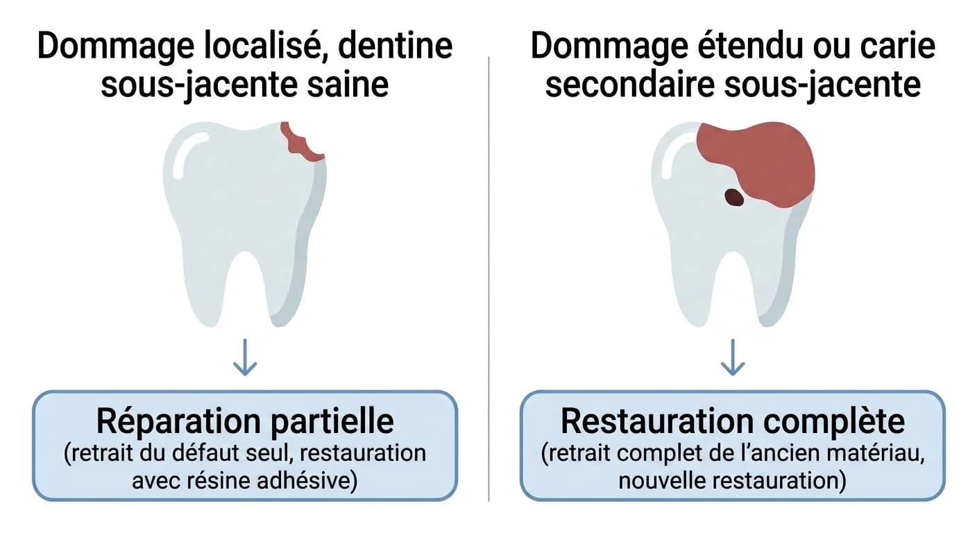 Comparaison entre une réparation partielle, réalisée en retirant uniquement le défaut et en le comblant avec une résine adhésive lorsque le dommage est localisé et que la dentine sous-jacente est saine, et une restauration complète, réalisée en retirant entièrement l'ancien matériau lorsque le dommage est étendu ou qu'une carie secondaire est présente en dessous