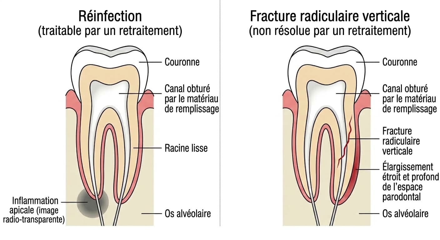 Coupe comparative d'une dent avec inflammation à l'extrémité de la racine due à une réinfection et d'une dent avec fracture radiculaire verticale fissurée dans le sens de la longueur
