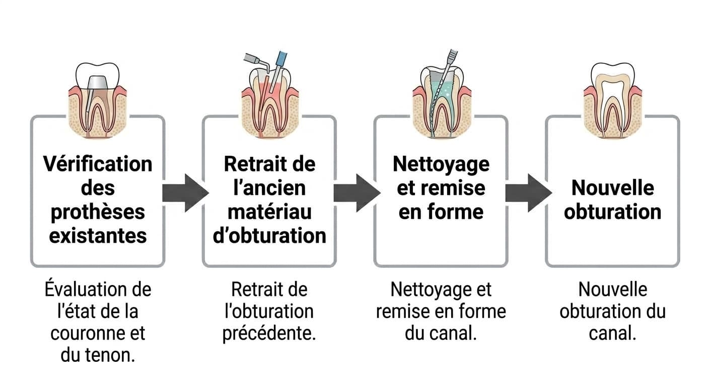 Schéma en quatre étapes du retraitement d'une dent traitée par un traitement de canal : vérification des prothèses existantes, retrait de l'ancien matériau d'obturation, nettoyage et remise en forme, puis nouvelle obturation