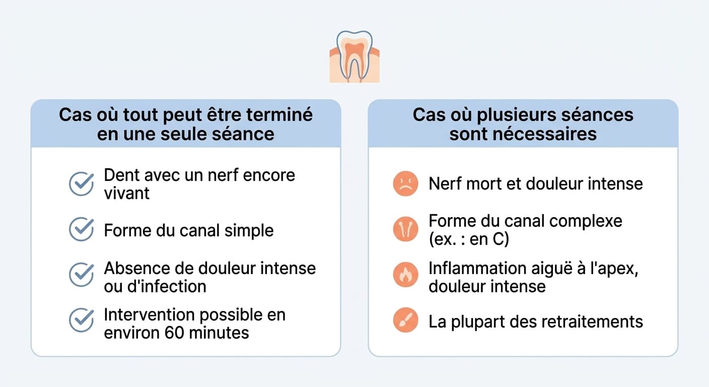 Tableau comparant les cas où le traitement peut être terminé en une seule séance et ceux où il doit être réparti en plusieurs séances. Si le nerf est encore vivant, que la forme du canal est simple et que la douleur n'est pas intense, une seule séance suffit ; si le nerf est nécrosé avec une douleur intense, si la forme du canal est complexe, si une inflammation aiguë au niveau de l'apex provoque une douleur intense, ou s'il s'agit d'un retraitement, le traitement est réparti en plusieurs séances.