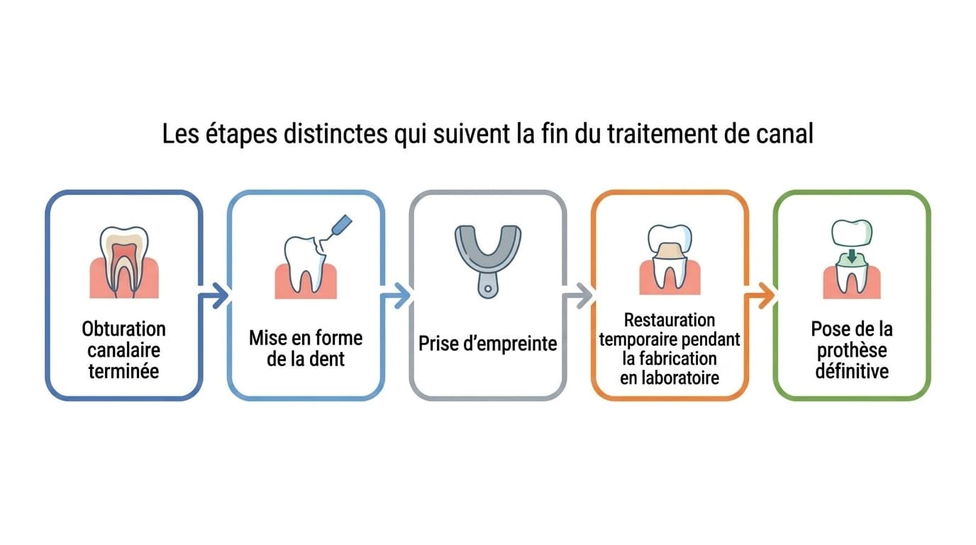 Organigramme montrant les étapes distinctes qui suivent la fin du traitement de canal. L'ordre est : obturation canalaire terminée, mise en forme de la dent, prise d'empreinte, pose d'une restauration temporaire pendant la fabrication en laboratoire, puis pose de la prothèse définitive.