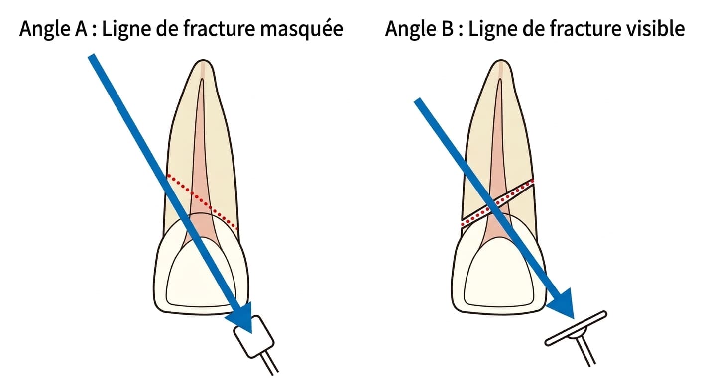 Comparaison montrant une ligne de fracture radiculaire oblique masquée ou visible selon l'angle de prise de vue radiographique