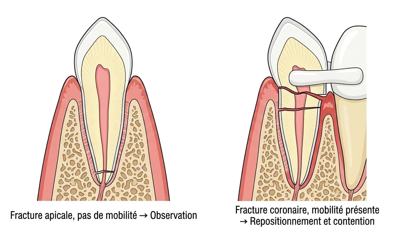 Comparaison du traitement selon que la fracture radiculaire se situe près de l'apex ou près de la couronne