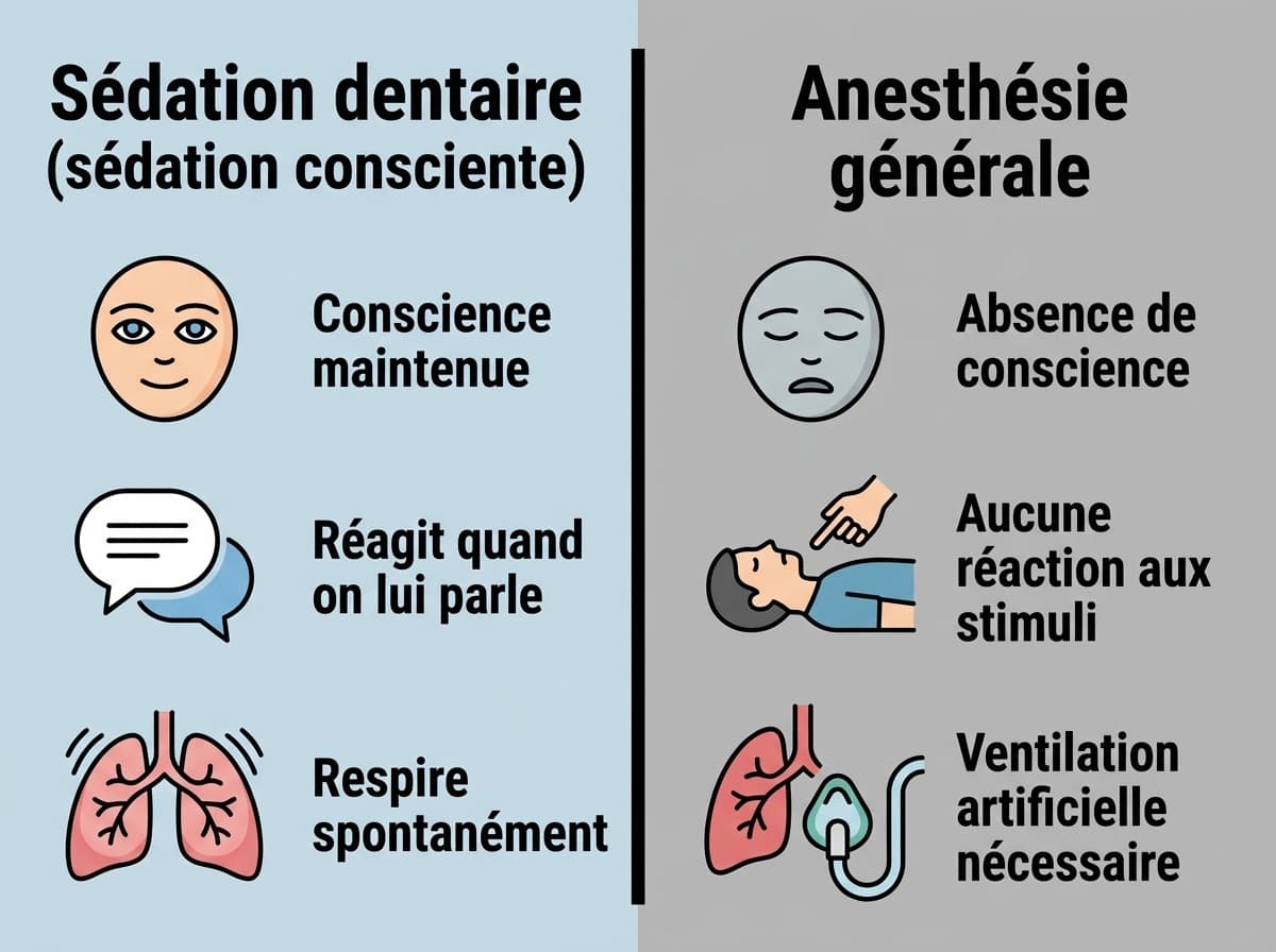 Illustration comparant la sédation consciente et l'anesthésie générale selon trois critères : la conscience, la réactivité et la respiration. Avec la sédation consciente, la conscience est maintenue, le patient réagit lorsqu'on lui parle et respire spontanément, tandis qu'avec l'anesthésie générale, la conscience est absente, il n'y a aucune réaction aux stimuli et une respiration artificielle est nécessaire