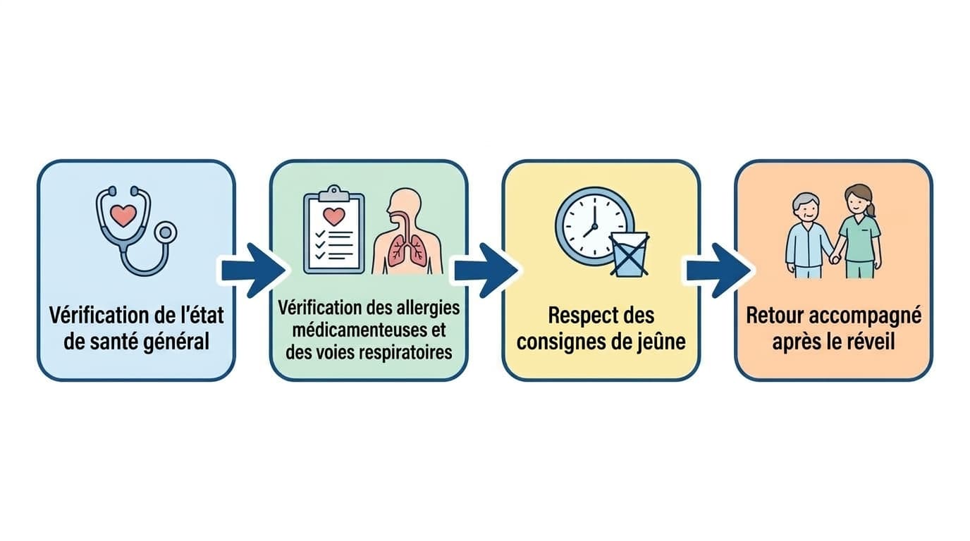 Organigramme montrant les quatre étapes précédant une sédation ou une anesthésie générale en dentisterie : vérification de l'état de santé général, vérification des allergies médicamenteuses et de l'état des voies respiratoires, respect des consignes de jeûne, puis retour à la maison accompagné d'un proche après le réveil complet