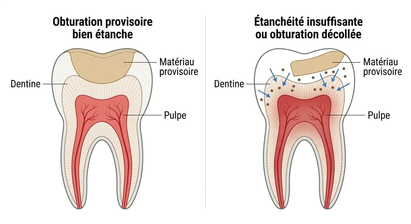 Illustration comparative montrant côte à côte une obturation provisoire bien étanche jusqu'aux bords et une obturation dont les bords se sont décollés en exposant la dentine, pour montrer la différence de risque de stimulation et d'invasion bactérienne