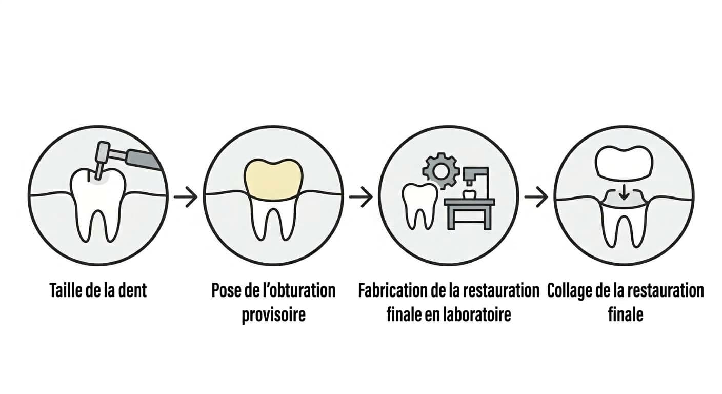 Schéma en quatre étapes montrant le processus allant de la taille de la dent à la pose de l'obturation provisoire, puis à la fabrication de la restauration finale en laboratoire et enfin au collage de la restauration finale