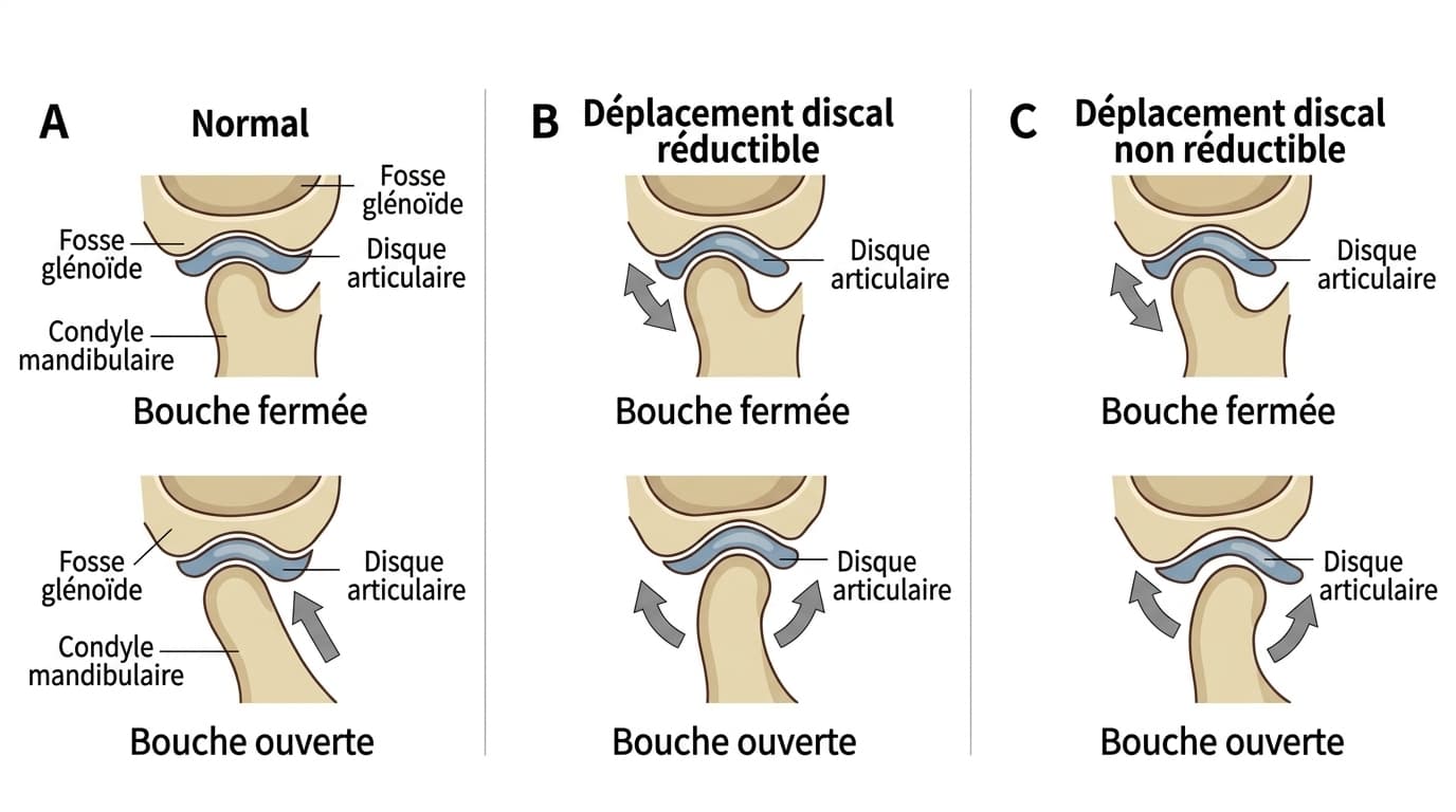 Schéma comparant la position du disque articulaire et du condyle mandibulaire, bouche fermée et bouche ouverte, dans les cas normal, de déplacement discal réductible et de déplacement discal non réductible