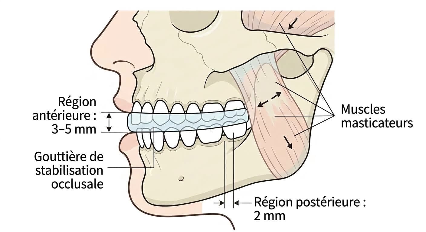Schéma montrant, avec la gouttière de stabilisation occlusale en place, l'espace créé au niveau des dents antérieures et postérieures ainsi que la région des muscles masticateurs
