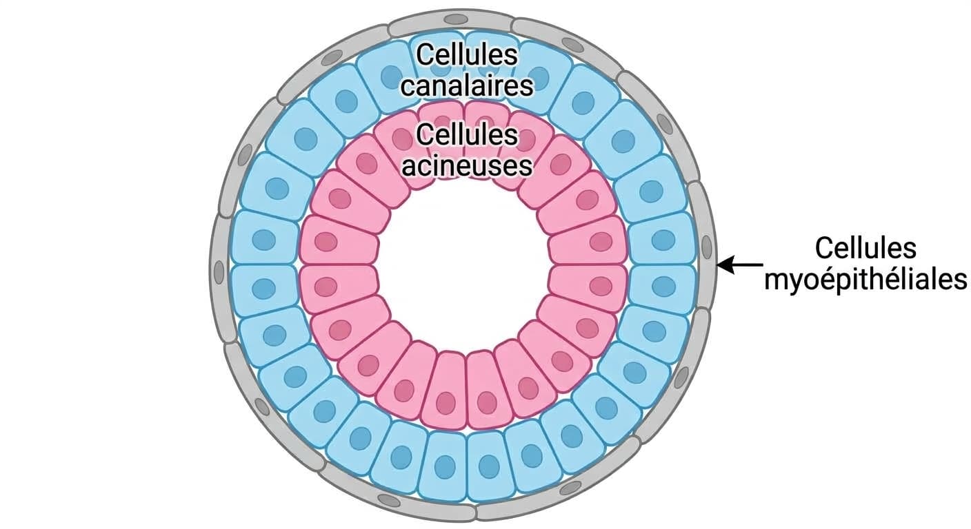 Coupe transversale d'un organoïde de glande salivaire montrant une structure en couches : les cellules acineuses productrices de salive au centre, entourées des cellules canalaires, puis des cellules myoépithéliales à l'extérieur