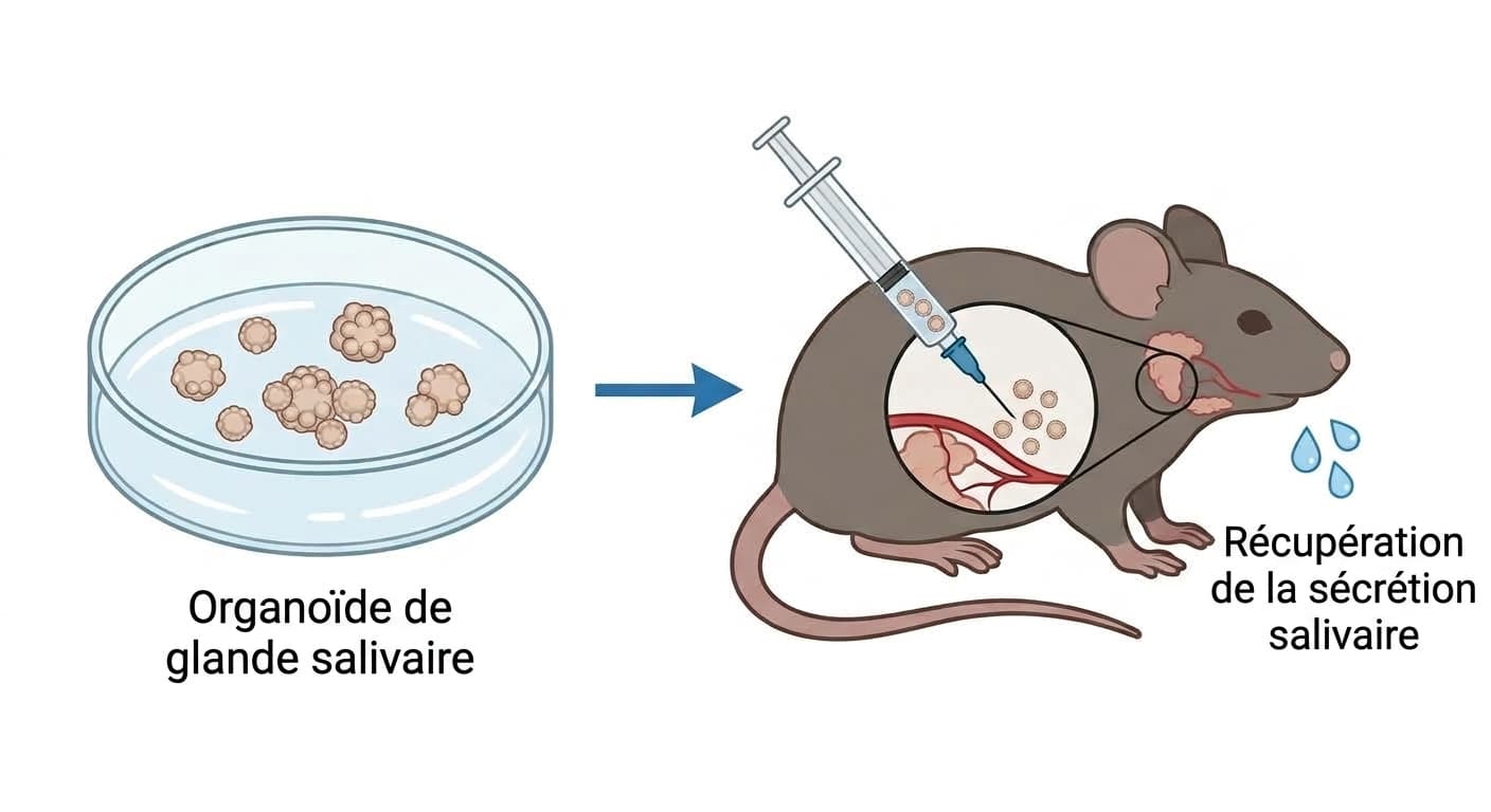 Illustration du processus consistant à cultiver un organoïde de glande salivaire en boîte de culture, puis à le greffer dans la région de la glande salivaire d'une souris pour restaurer la sécrétion de salive
