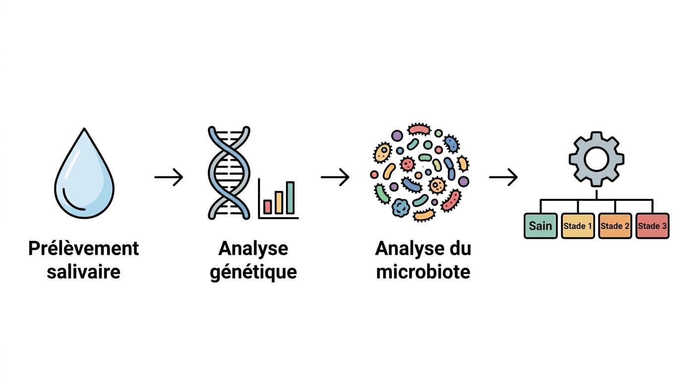 Schéma illustrant le processus, du prélèvement salivaire à l'analyse génétique puis à l'analyse du microbiote, aboutissant à une classification en sain, stade 1, stade 2 ou stade 3.