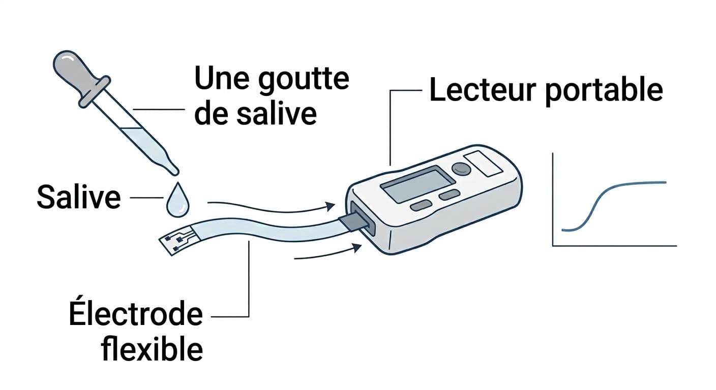 Illustration montrant le processus consistant à déposer une goutte de salive sur une électrode flexible et à la lire à l'aide d'un lecteur portable