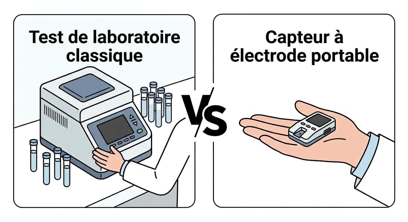 Illustration comparant côte à côte un appareil de test d'amplification génétique de laboratoire classique et un capteur à électrode portable tenant dans la paume de la main