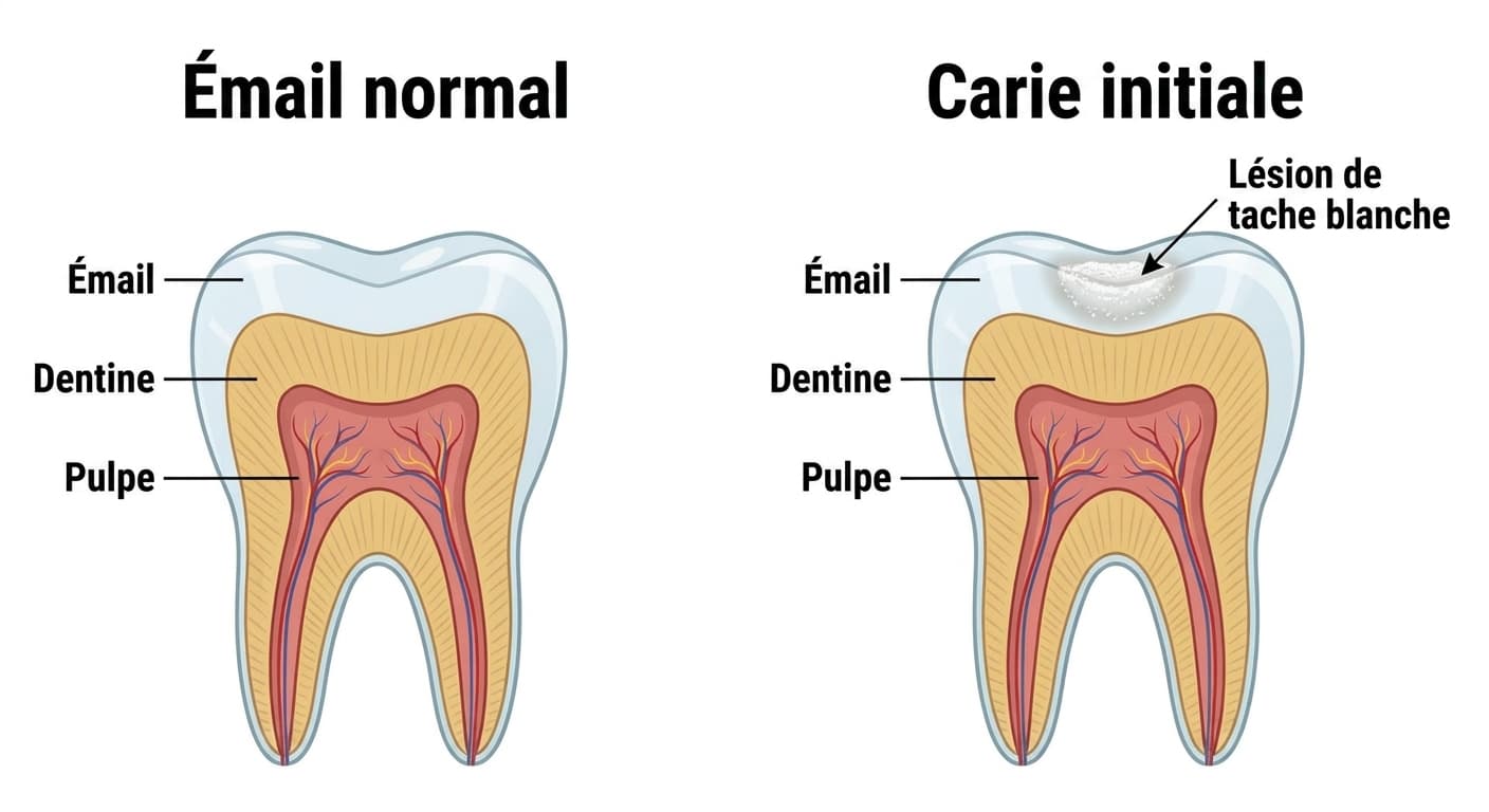 Comparaison en coupe d'une dent à l'émail normal et d'une dent avec une carie initiale (lésion de tache blanche). Dans la carie initiale, une zone blanche sous la surface de l'émail montre une perte de minéraux.