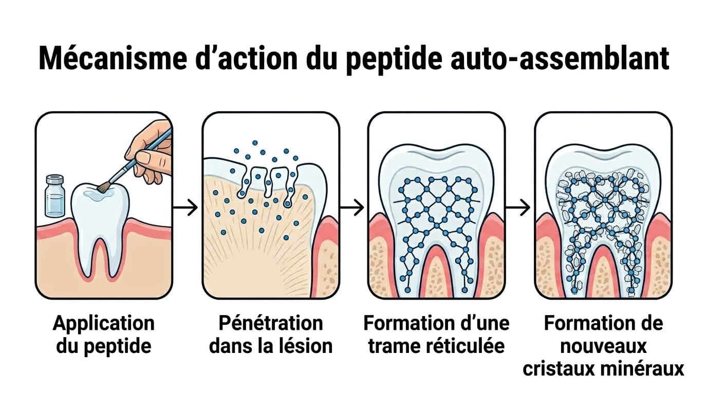 Processus en quatre étapes de l'action du peptide auto-assemblant sur la lésion dentaire : application, pénétration dans la lésion, formation d'une trame réticulée, formation de nouveaux cristaux minéraux.