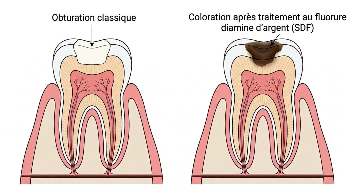 Coupe comparant une dent traitée par obturation classique et une dent dont la carie a été colorée en noir par un traitement au fluorure diamine d'argent (SDF)