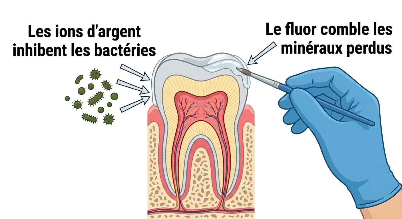 Illustration d'une main appliquant la solution sur la surface de la dent, avec des flèches représentant l'action des ions d'argent qui inhibent les bactéries et celle du fluor qui comble les minéraux perdus.