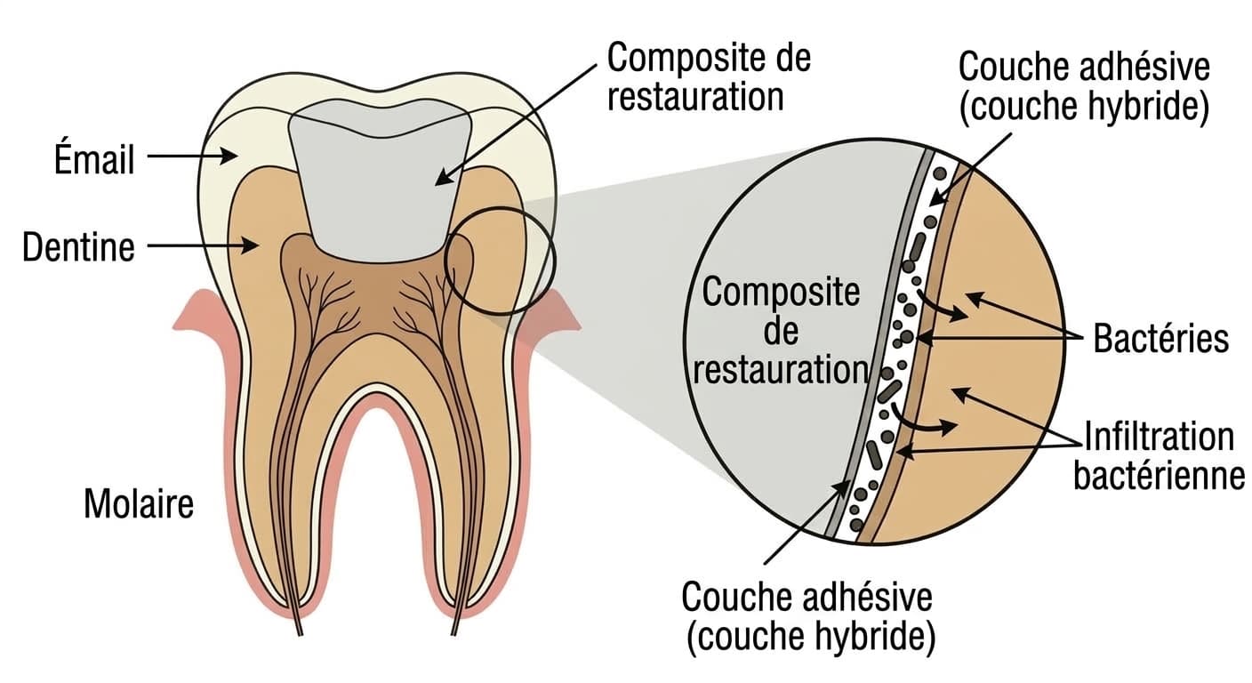 Schéma montrant des bactéries s'infiltrant par une fissure de la couche adhésive (couche hybride) entre le composite de restauration et la dent
