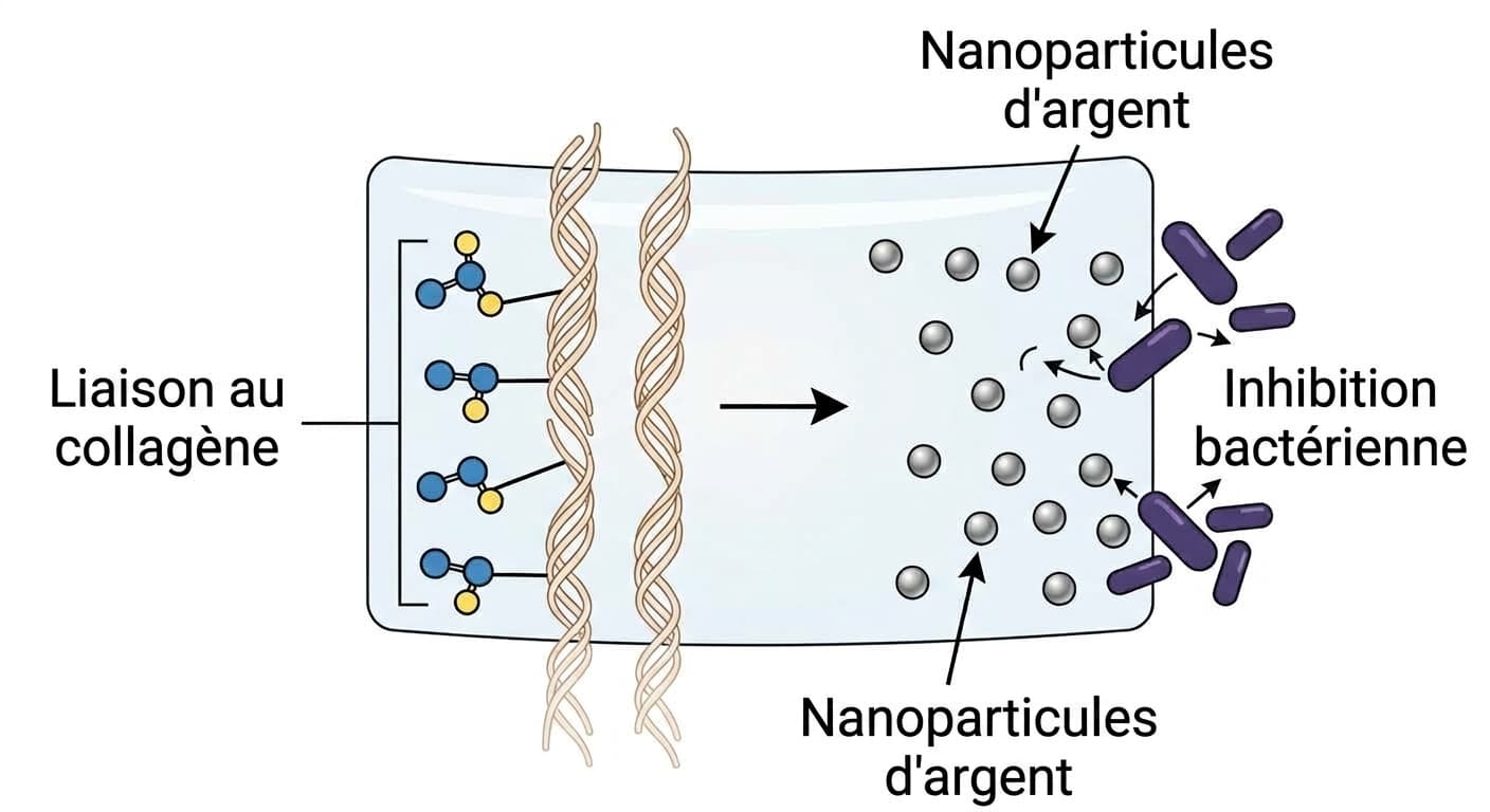 Schéma illustrant le mode d'action du nouvel adhésif : à gauche, la liaison chimique du composant au collagène ; à droite, l'inhibition des bactéries par les nanoparticules d'argent